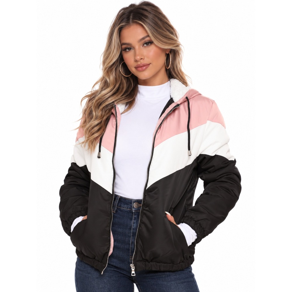 Pink White Black Chevron Colorblock Faux Fur Hooded Puffer Jacket Size S